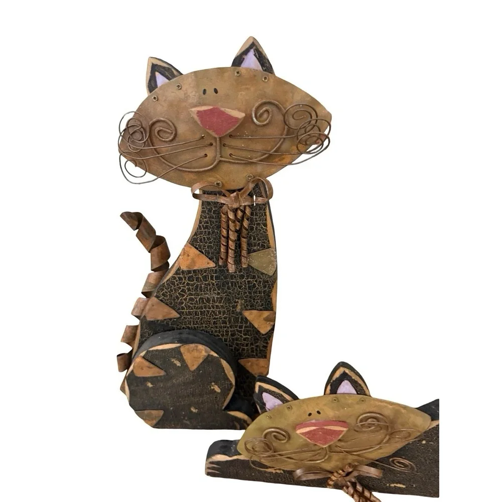 Rustic Tin Metal and Wood Cat Figurines Statutes Spring Tail Sit Down Laydown